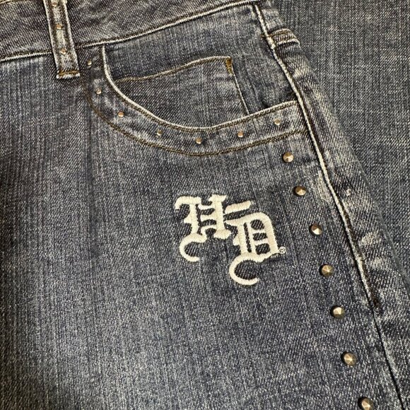 Harley-Davidson Womens Studded Embroidered Blue Denim Jeans SZ 12 High Rise EUC - Picture 3 of 12